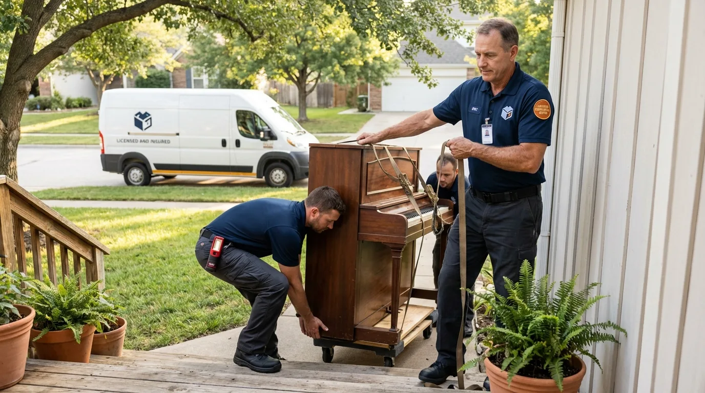 Licensed piano movers securing grand piano in Rio Dell, CA